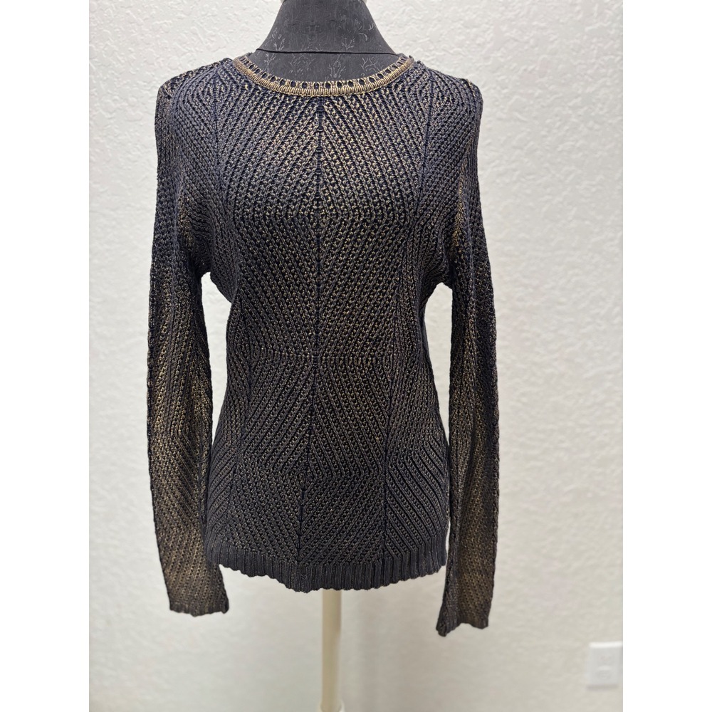 Handbook Fashion Edna Bronze Metallic Knit Sweater Navy Blue Gold Womens Medium